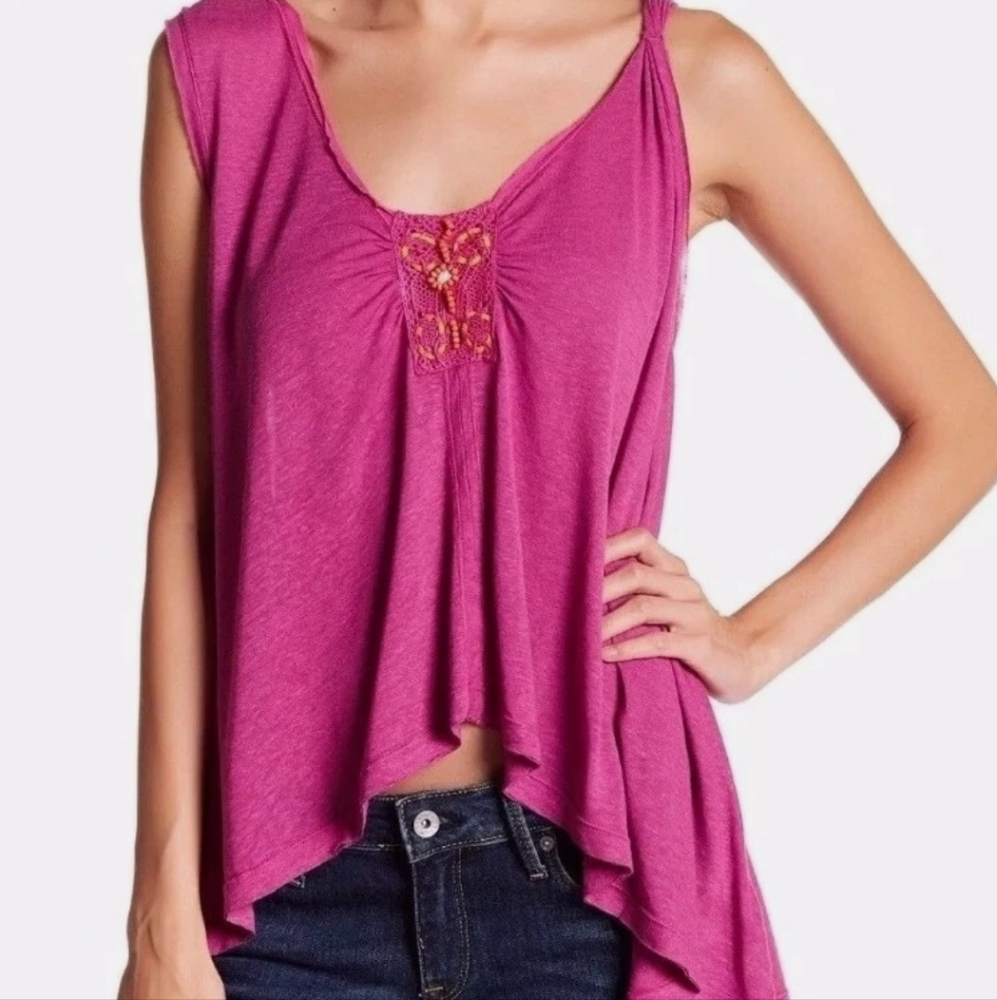 NWT FREE PEOPLE NEW VIBES EMBELLISHED SLEEVELESS TANK TOP PINK MEDIUM $58